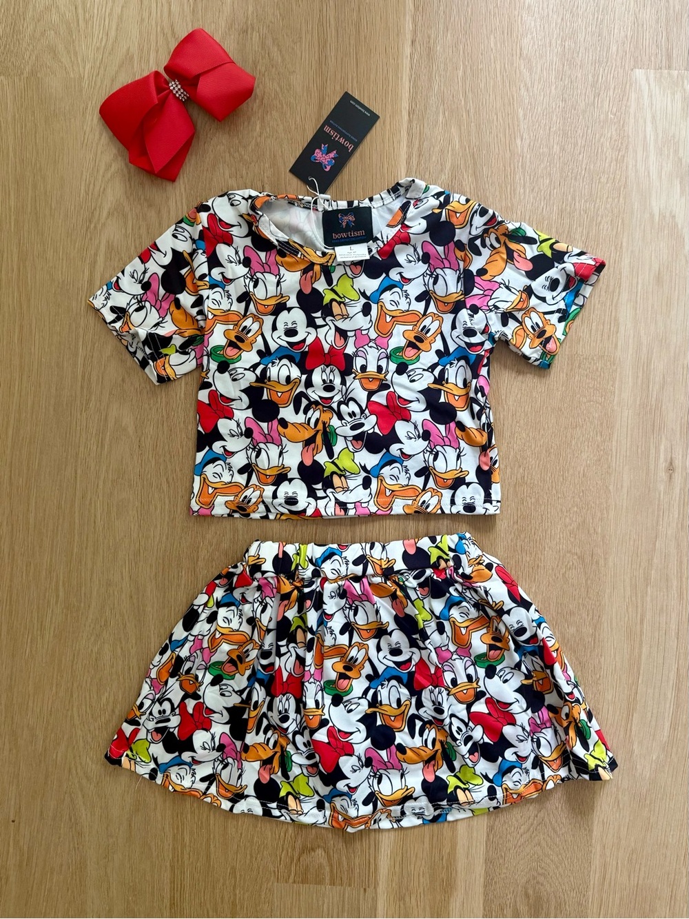 Girls Matching Set with Red Bow - Disney Mickey Minnie and Friends Print - Picture 3 of 6